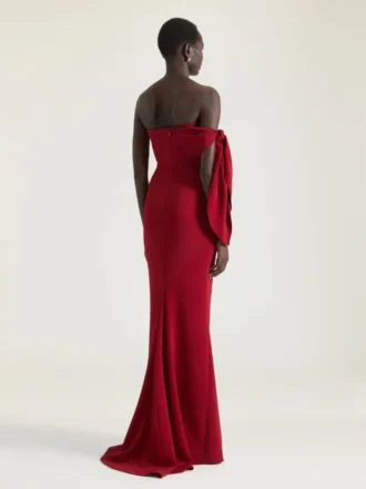 Abito bustier da sera lungo in crêpe con fiocco e paillettes