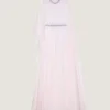 Abito da sera drappeggiato in chiffon con cristalli e mantella
