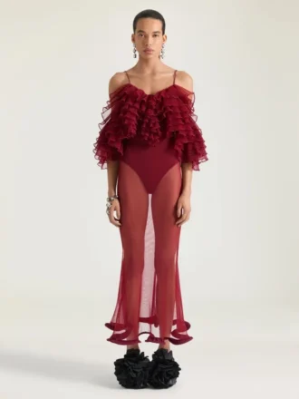 Abito lungo con volant in maglia ultra-fine