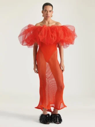 Abito lungo con volant in rete