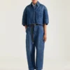 Camicia corta a bozzolo in denim blu medio Camicia corta a bozzolo in denim blu medio