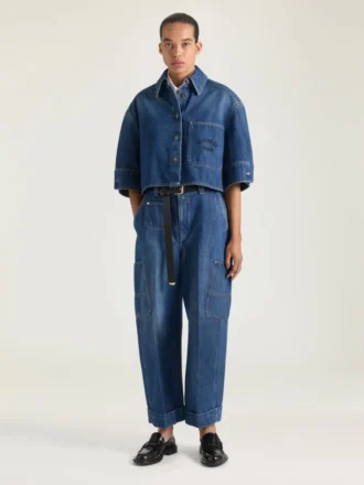 Camicia corta a bozzolo in denim blu medio
