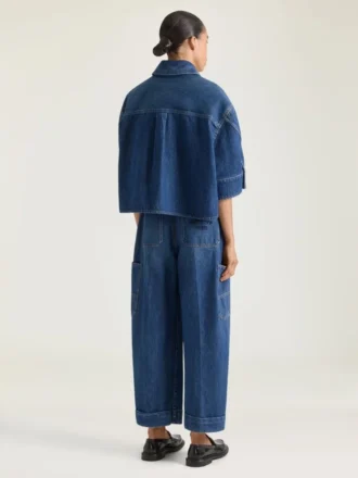Camicia corta a bozzolo in denim blu medio