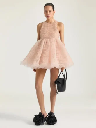 Mini abito babydoll con volant in nylon