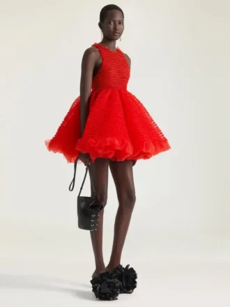 Mini abito babydoll con volant in nylon