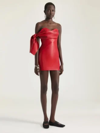 Mini abito bustier in pelle nappa con fiocco