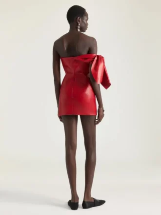 Mini abito bustier in pelle nappa con fiocco