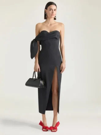 Abito lungo bustier in lana con fiocco