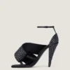 Sandali con tacco quadrato a fessura in raso con strass Sandali con tacco quadrato a fessura in raso con strass